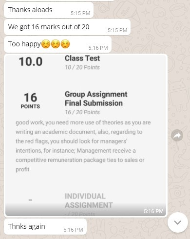 Client message: We got 16 marks out of 20