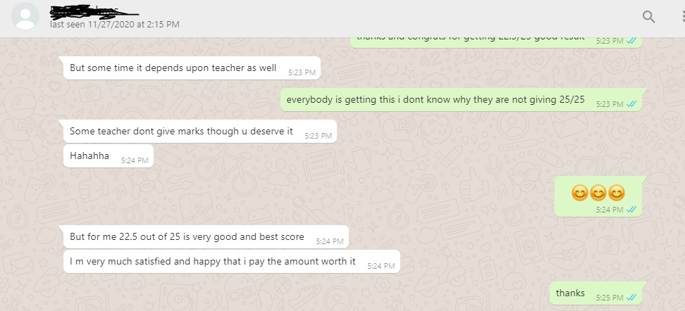 Client message: 22.5 out of 25 is very good and best score