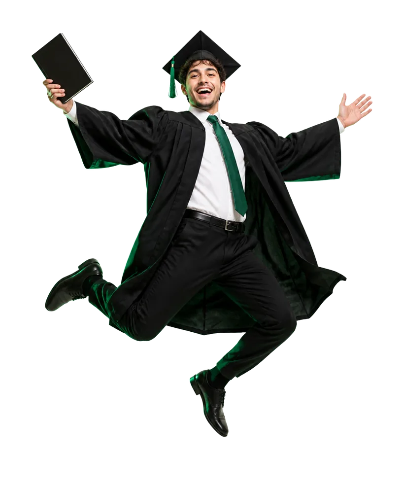 Graduate celebrating after submitting an assignment on time